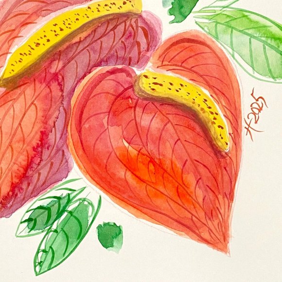 Valentine Anthurium Original Wall Art Watercolor Painting Matted 8x10in - Picture 3 of 8